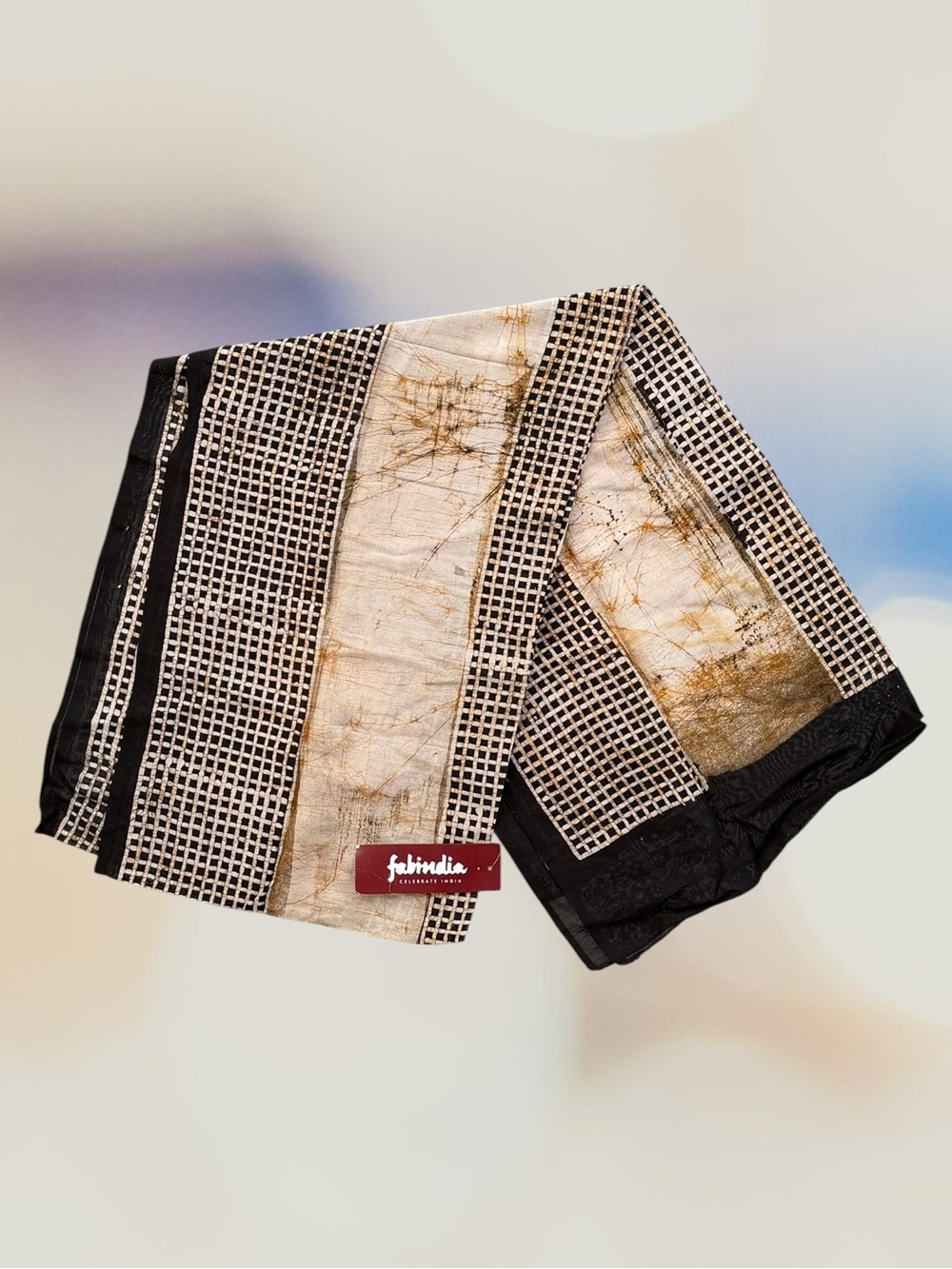 Fabindia Black & Brown Silk-Cotton Chanderi Batik Geometric Dupatta/Scarf